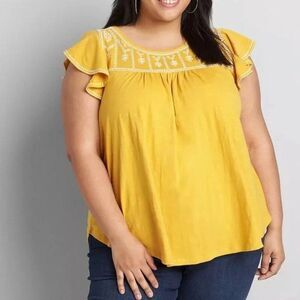 Lane Bryant Embroidered Flutter-Sleeve Swing Tee Yellow Size 14-16